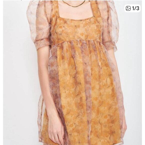 En Saison La Raque Mini Dress Marigold Multi Puff Sleeve Babydoll Size M - Picture 4 of 13